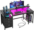 60" Black Computer Desk with 4 Drawers and Printer Space, Gaming Desk with LED Lights and USB Power Outlets, Home