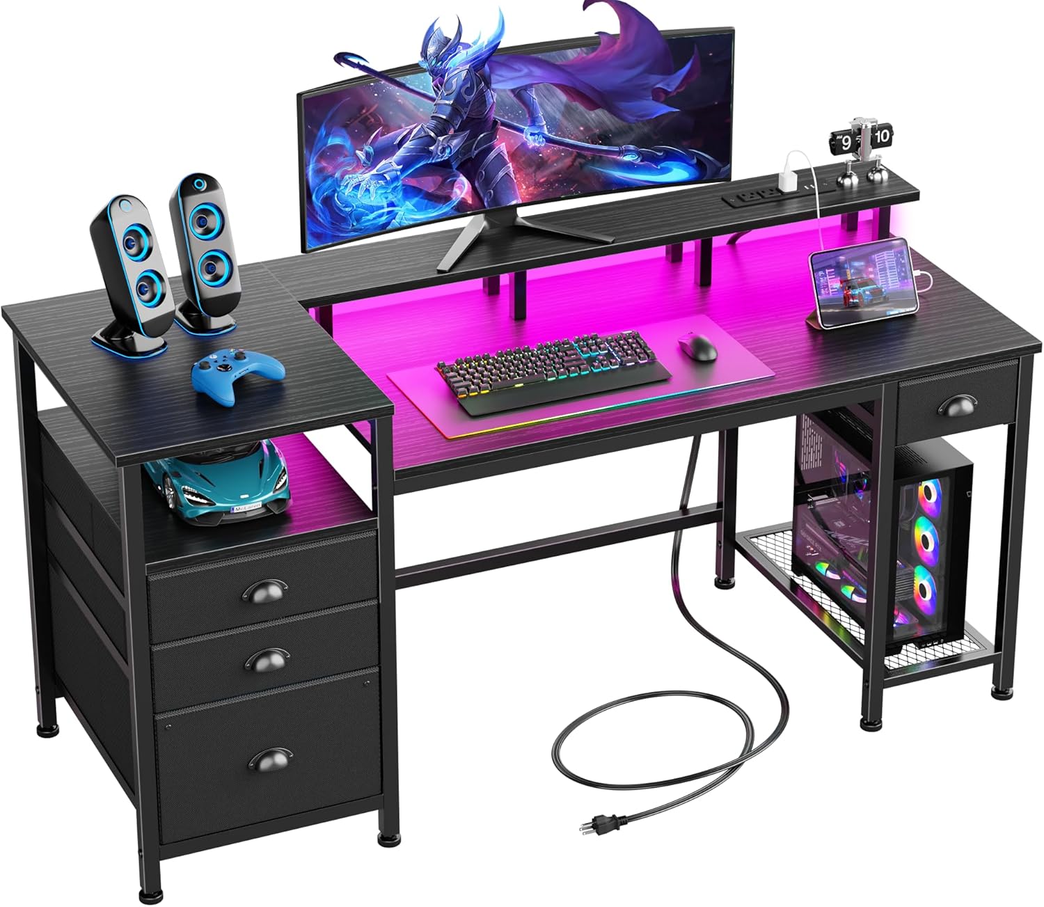 60" Black Computer Desk with 4 Drawers and Printer Space, Gaming Desk with LED Lights and USB Power Outlets, Home