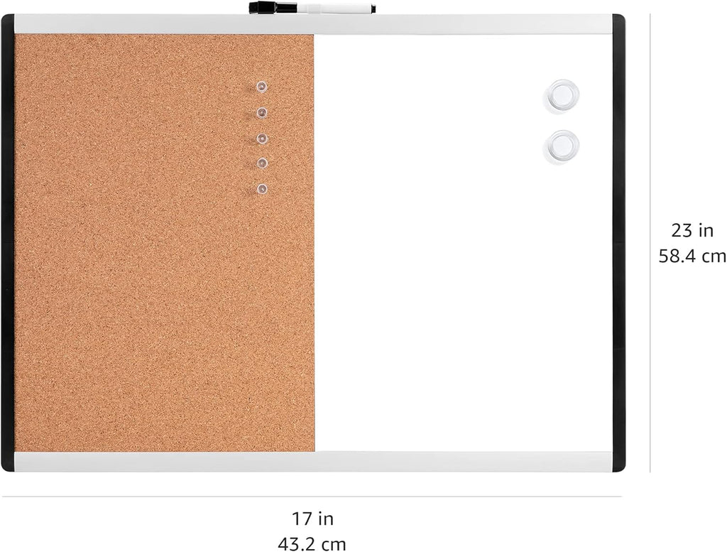 Magnetic Dry Erase Whiteboard & Cork Board Combo, Double-Sided, Lightweight, Easy to Install, Plastic/Aluminum Frame