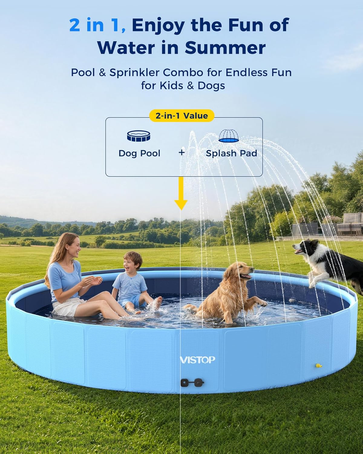 117" Extra Large Dog Pool with Sprinkler, Heavy Duty Foldable Hard Plastic Kiddie Pool, Non-Slip Collapsible Swimming