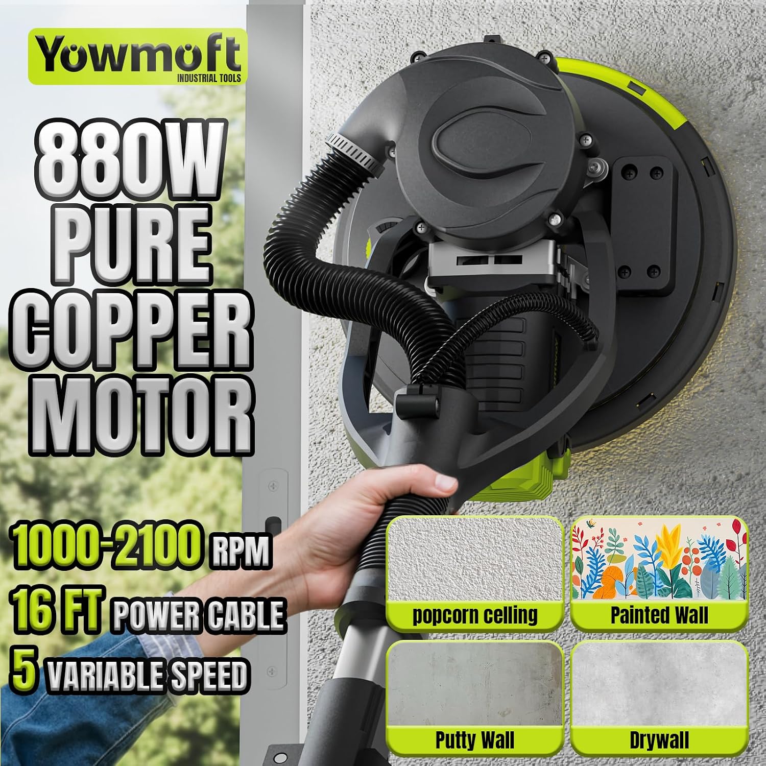 Drywall Sander with Vacuum Dust Collector, 880W Popcorn Ceiling Removal Tool with 5 Variable Speed & LED Light