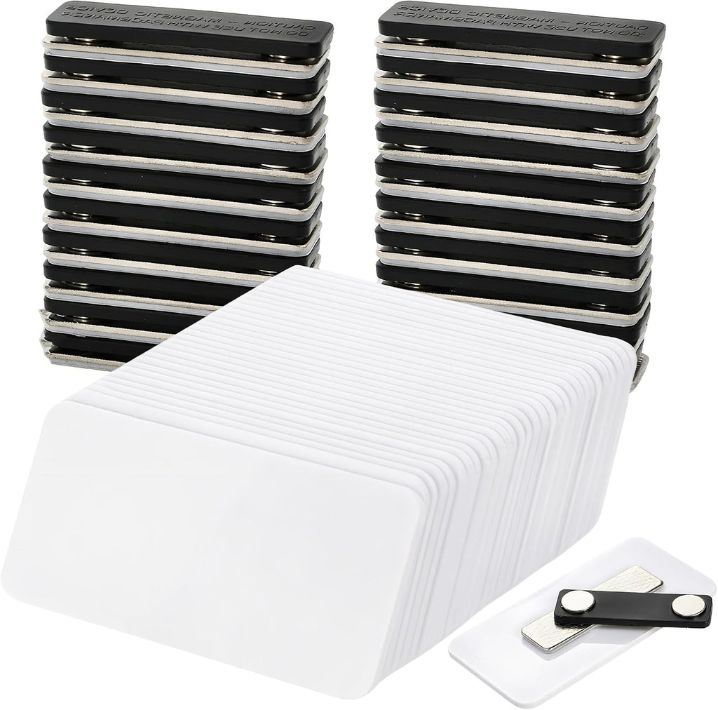 30 Pack Blank Name Tags, 1.5 x 3 Inch Name Badges with Magnetic Back | Reusable DIY Plastic Name Label Holders Round