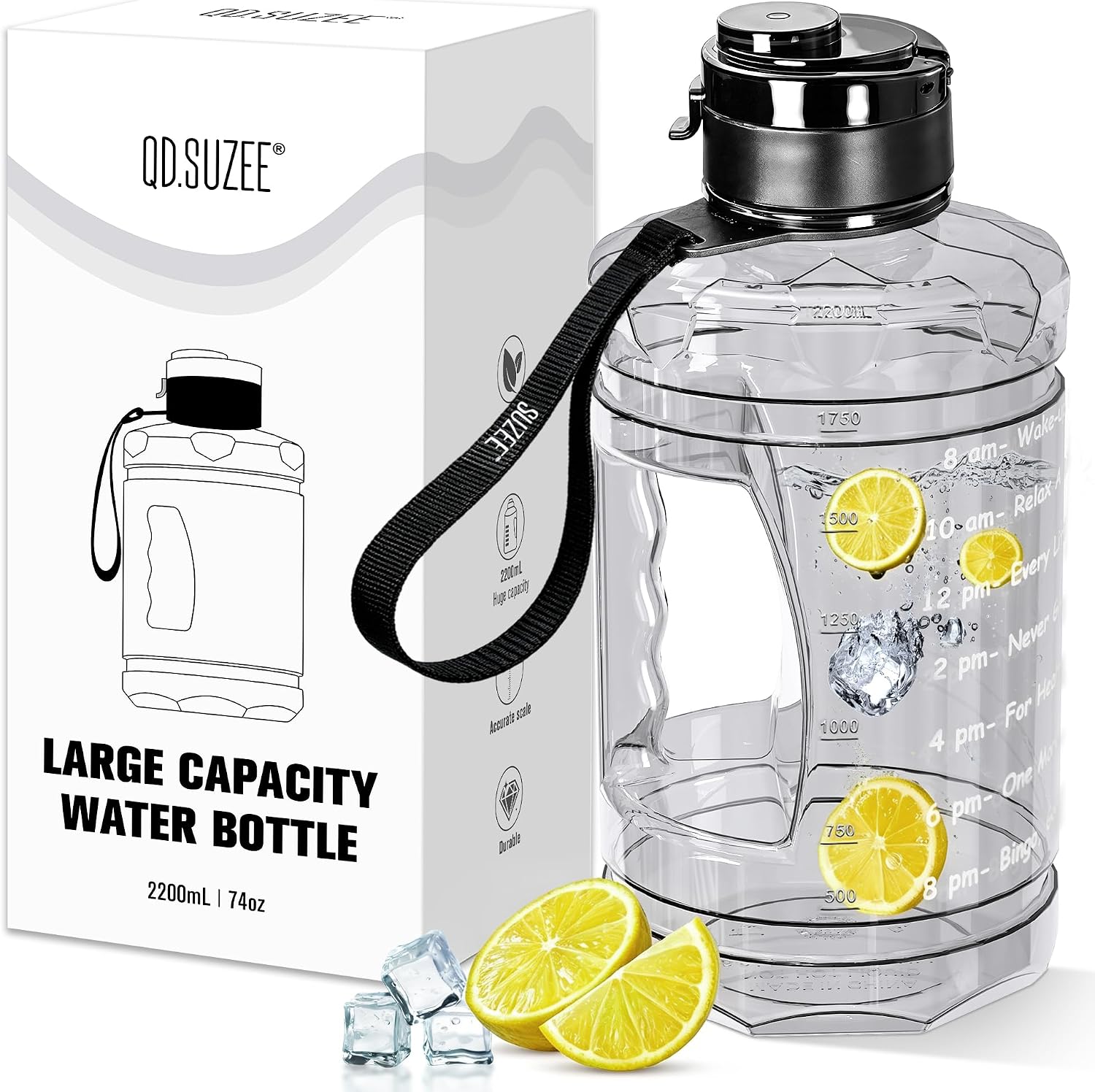 Half Gallon Water Bottle with Time Marker，74oz Water Jug BPA Free | Strap & Handle Large-Capacity Leakproof Water