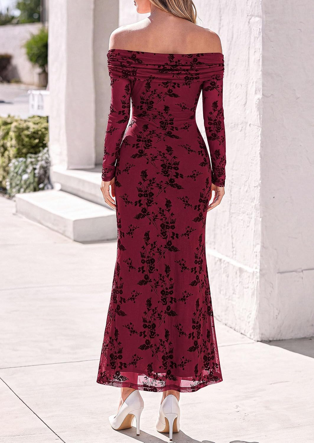 Womens Fall Off Shoulder Floral Maxi Wedding Guest Dress