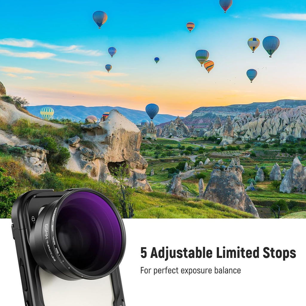 58mm Variable ND Filter with 62mm Lens Hood, ND2-32 Adjustable Neutral Density Filter Compatible with iPhone Android