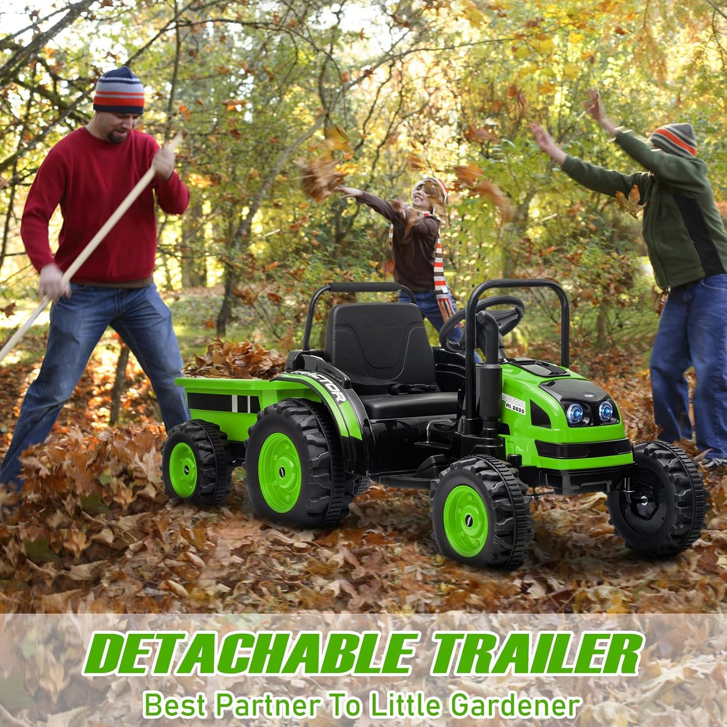Kids Ride On Tractor with Trailer, 12V Battery Powered Electric Tractor with Remote Control, Music, USB, Led Lights