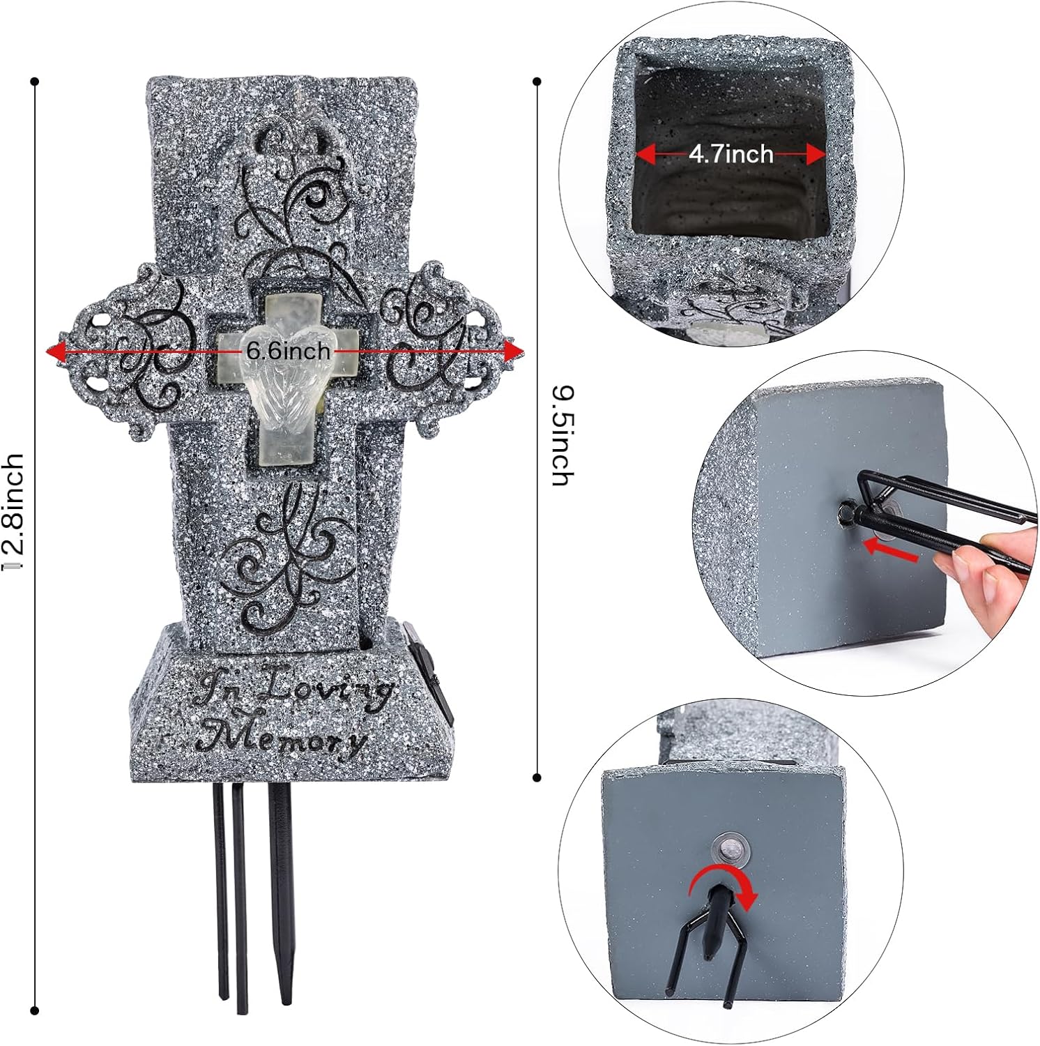 Solar Cemetery Vase with LED for Fresh/Artificial Flowers Grave Flower Cross Vase Headstones Vases with Spikes