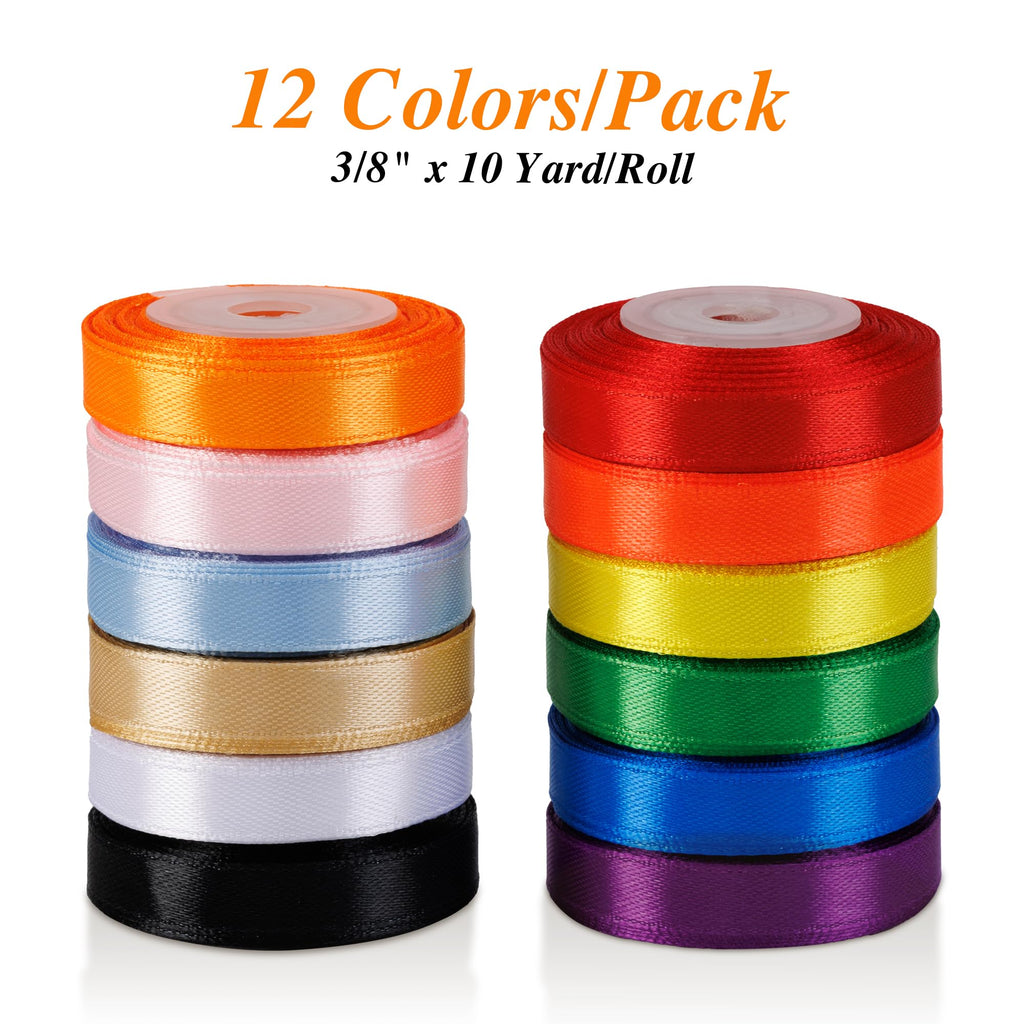 Rainbow Ribbon Pack, 12 Colors 3/8 Inch x 10 Yards/Roll