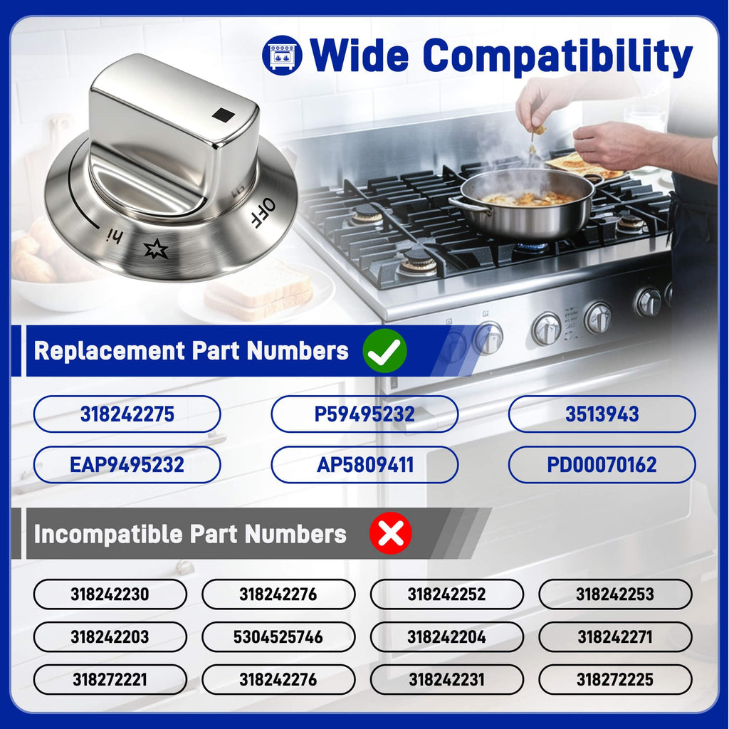 6-Pack 318242275 Burner Knobs Compatible with Electrolux Gas Cooktop Ranges