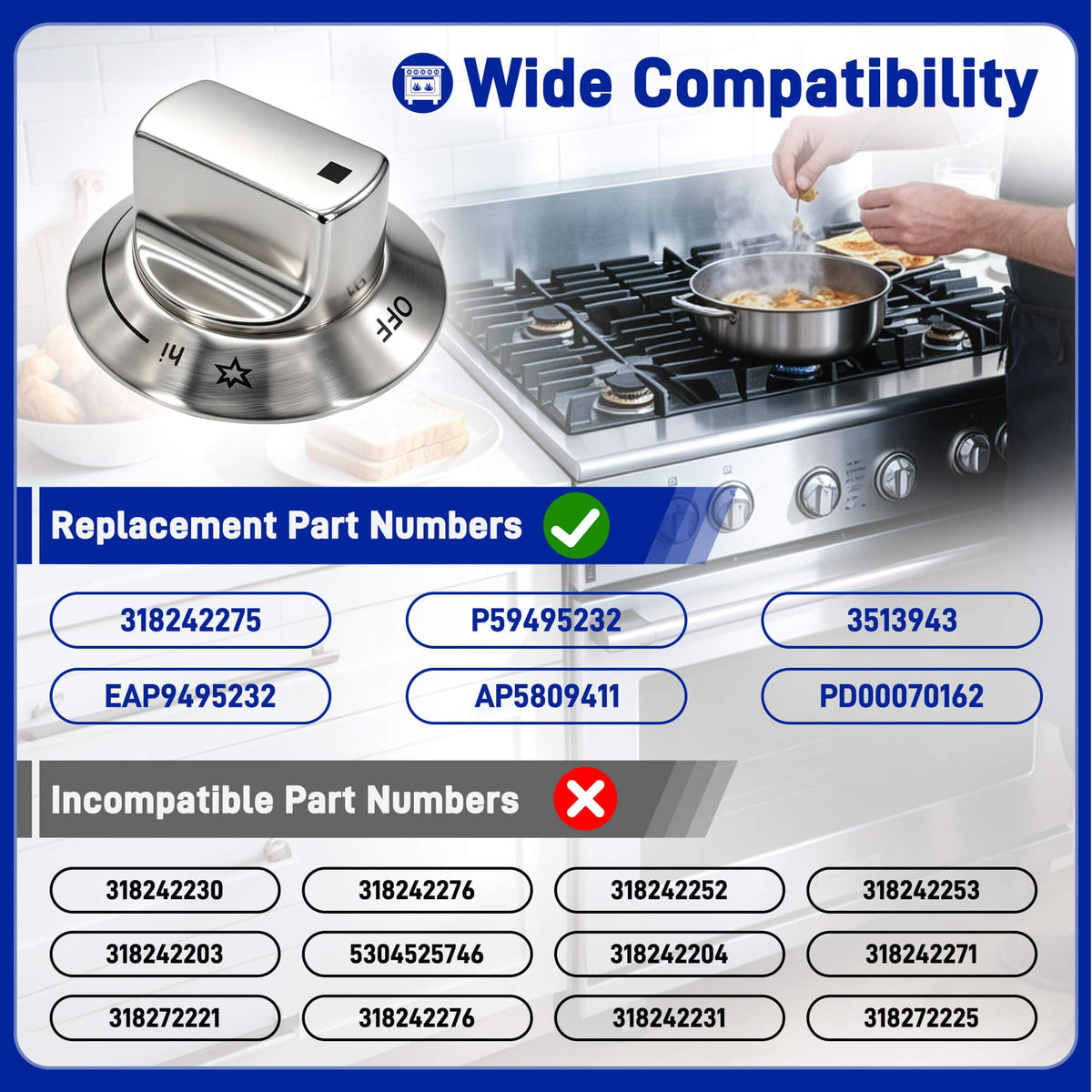 6-Pack 318242275 Burner Knobs Compatible with Electrolux Gas Cooktop Ranges