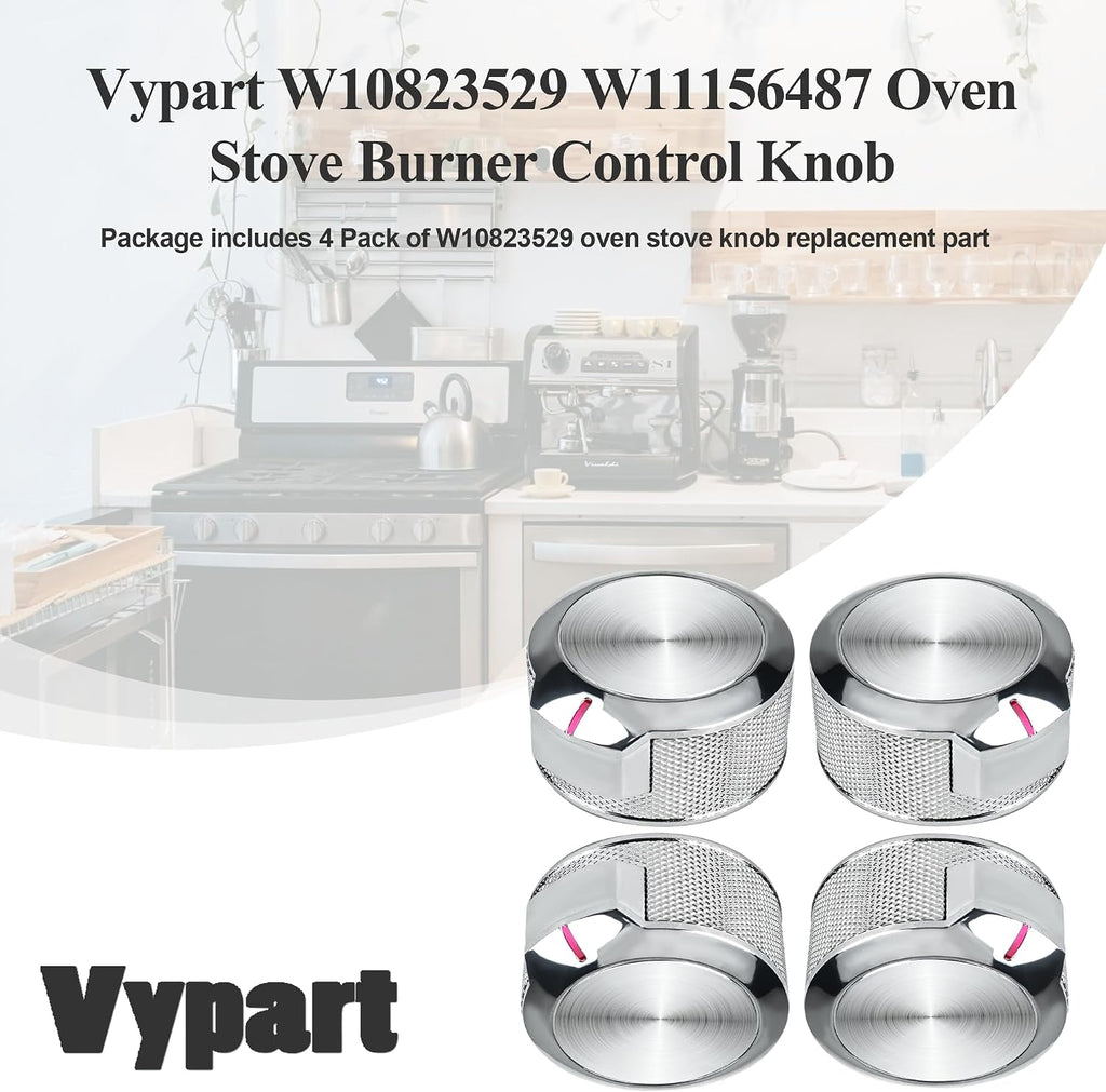W10823529 Oven Range Control Knob - for Whirlpool KitchenAid Oven Range Stove Knob - Brushed Chrome Stainless Steel Finish - Replaces W11156487 AP6285576 EAP12347719 PS12347719 4546228-4 pcs