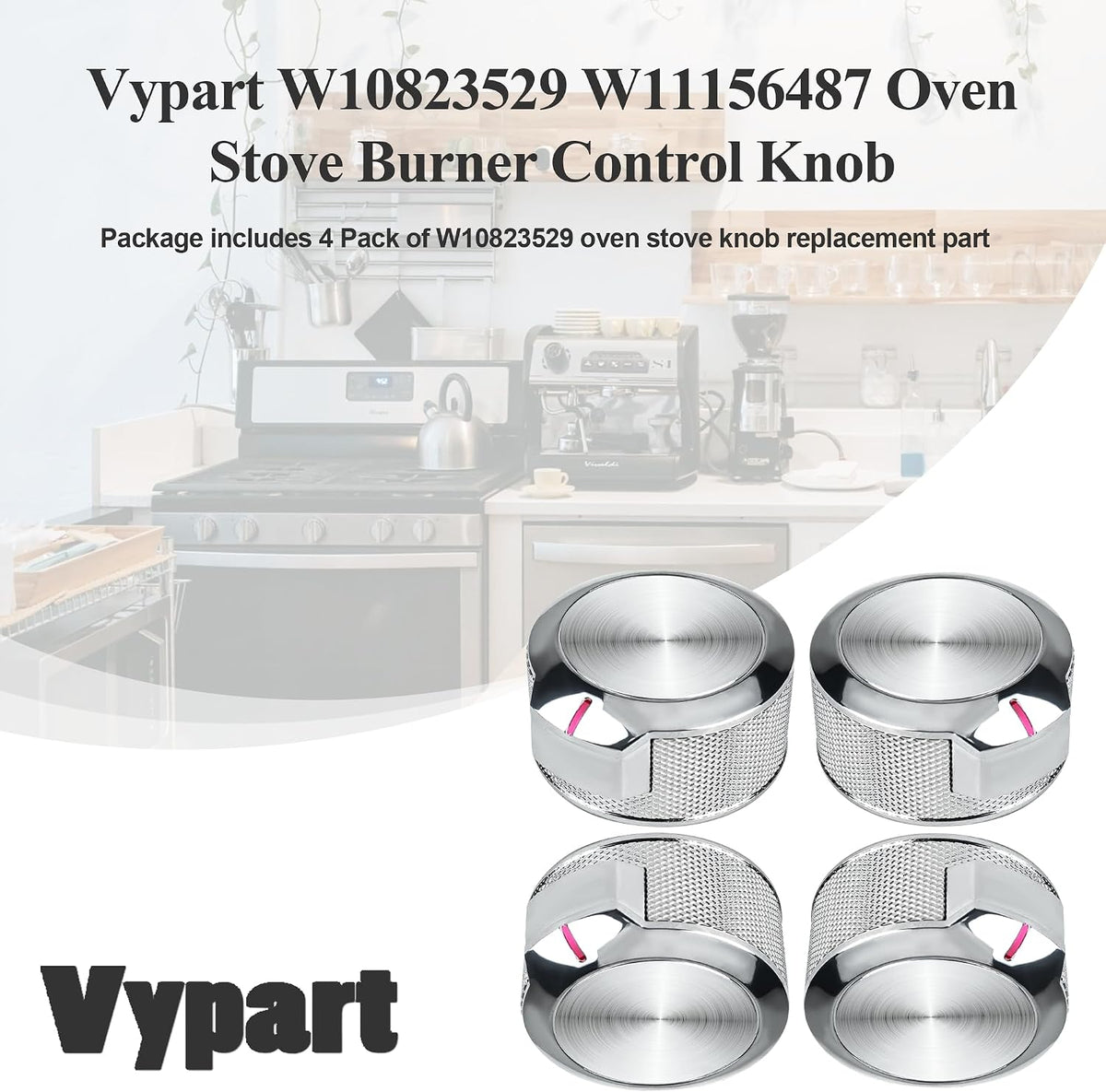 W10823529 Oven Range Control Knob - for Whirlpool KitchenAid Oven Range Stove Knob - Brushed Chrome Stainless Steel Finish - Replaces W11156487 AP6285576 EAP12347719 PS12347719 4546228-4 pcs