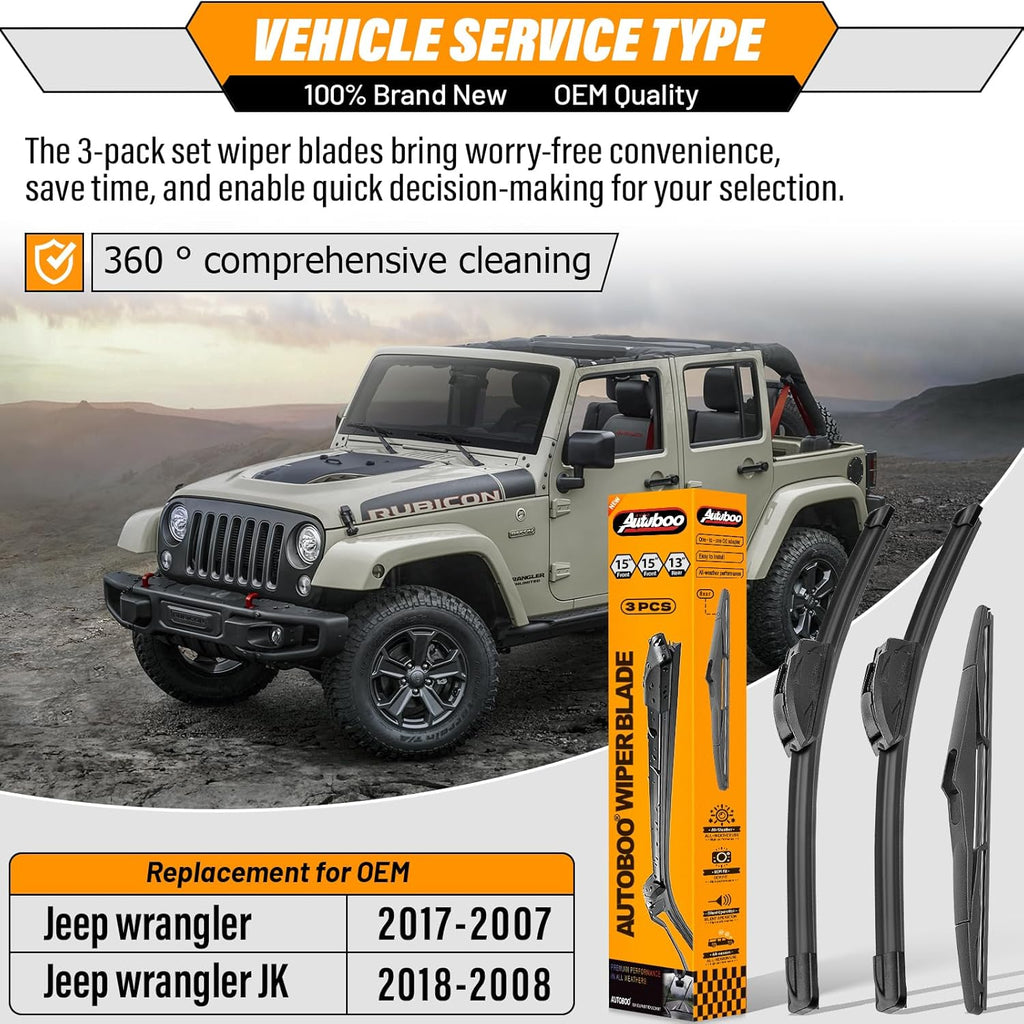 15"+15" Windshield Wipers with 13 Inch Rear Wiper Blade Replacement for Jeep wrangler JK 2008-2018,Jeep wrangler
