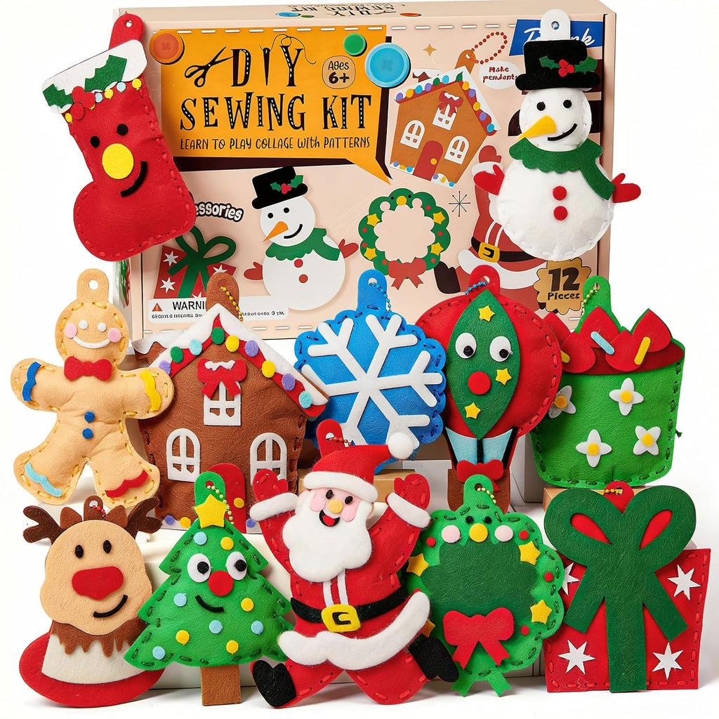 Christmas Sewing Kit for Kids Beginners, 12-in-1 Sew Your Own Felt Christmas Ornaments Craft Kit for Kids Girls &