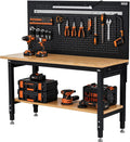 Adjustable Height Heavy-Duty Workbench with Pegboard, 60 x 22 in Work Table for Garage & Workshop - Storage Shelf