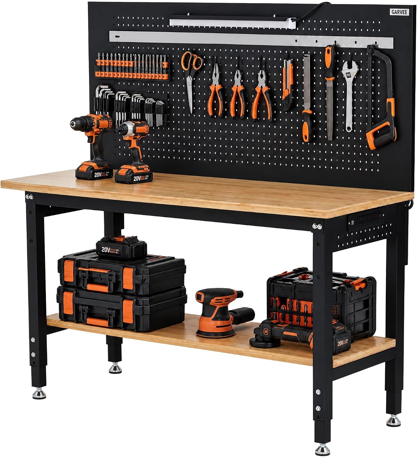 Adjustable Height Heavy-Duty Workbench with Pegboard, 60 x 22 in Work Table for Garage & Workshop - Storage Shelf