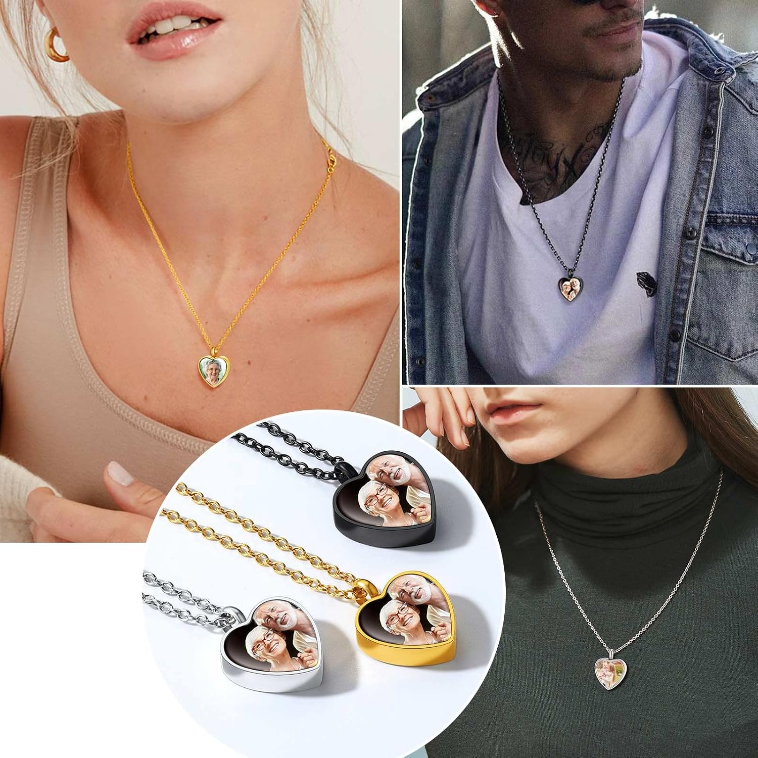 Customized Heart Shaped Urn Necklaces for Ashes with Custom Picture/Birthstone Stainless Steel/18K Gold Plated
