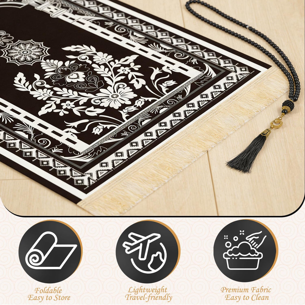 Prayer Mat Ramadan Gifts - Portable Black Prayer Rug Islamic Muslim Tasbih Beads, Praying Carpet for Islamic Man