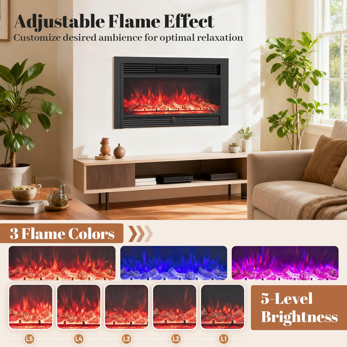 36" Electric Fireplace Insert, Wall Recessed/Mounted, Freestanding Fireplace with Remote Control, 3 Color Adjustable