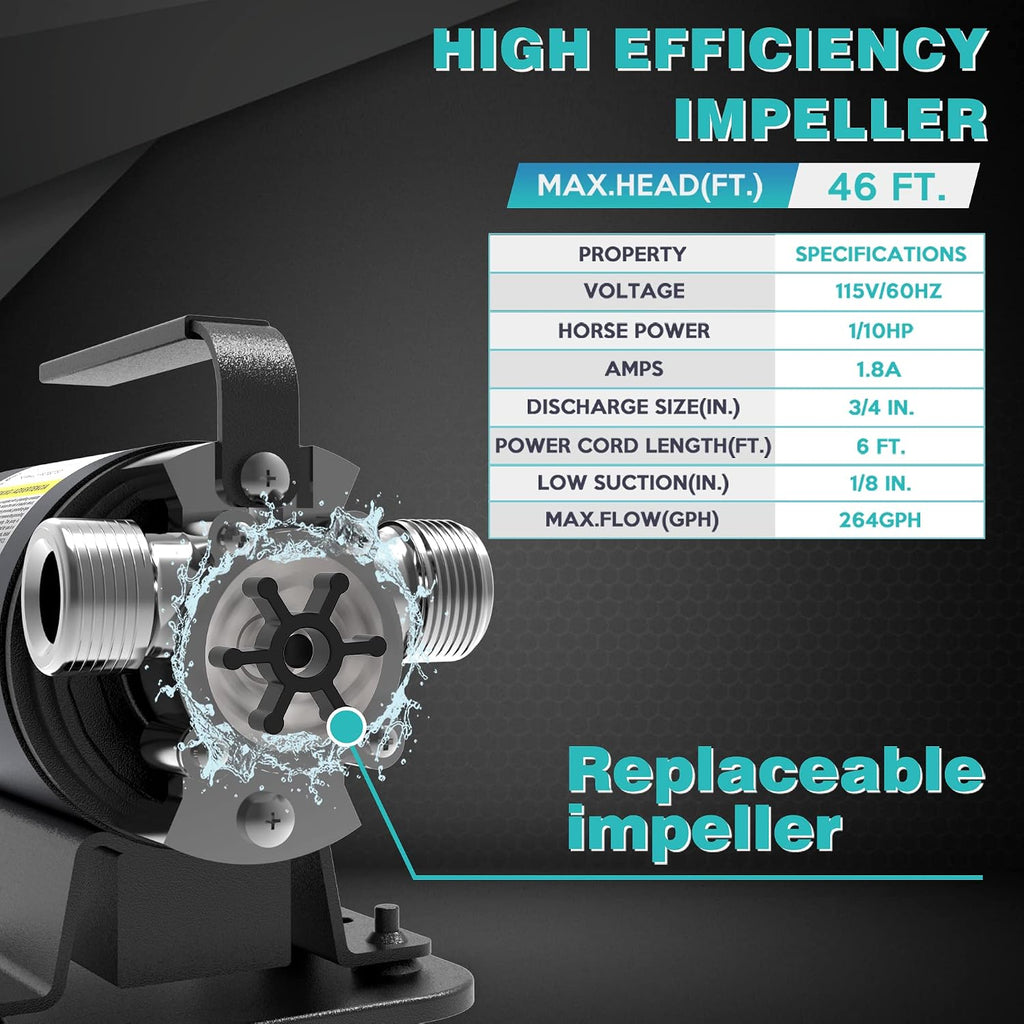 Portable Electric Utility Water Transfer Pump 1/10 HP with Suction Hose Kit, Low Suction Water Removal for Water