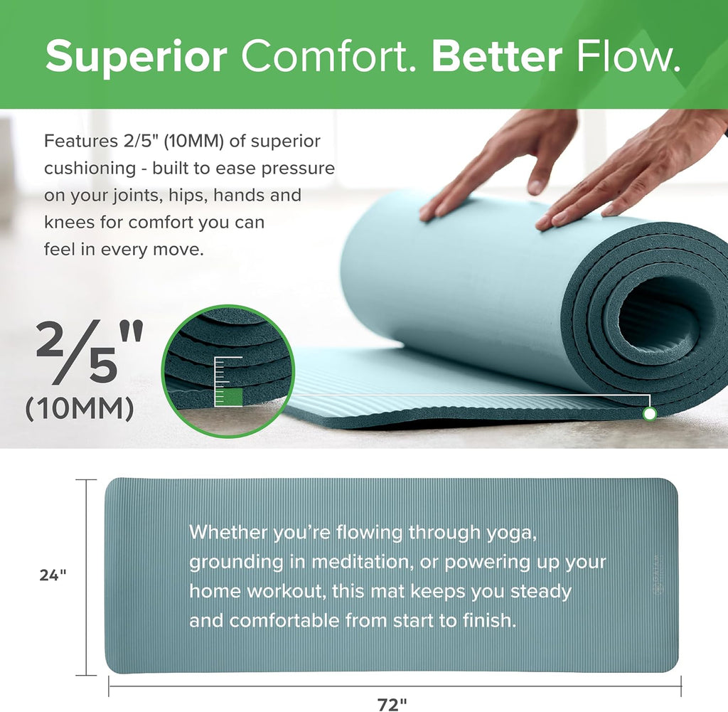 Thick Yoga Mat, Exercise & Fitness Mat with Easy-Cinch Carrying Strap | Non-Slip NBR Foam | Joint Cushioning | Yoga