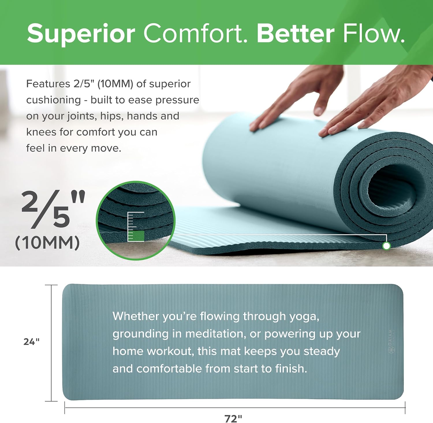 Thick Yoga Mat, Exercise & Fitness Mat with Easy-Cinch Carrying Strap | Non-Slip NBR Foam | Joint Cushioning | Yoga