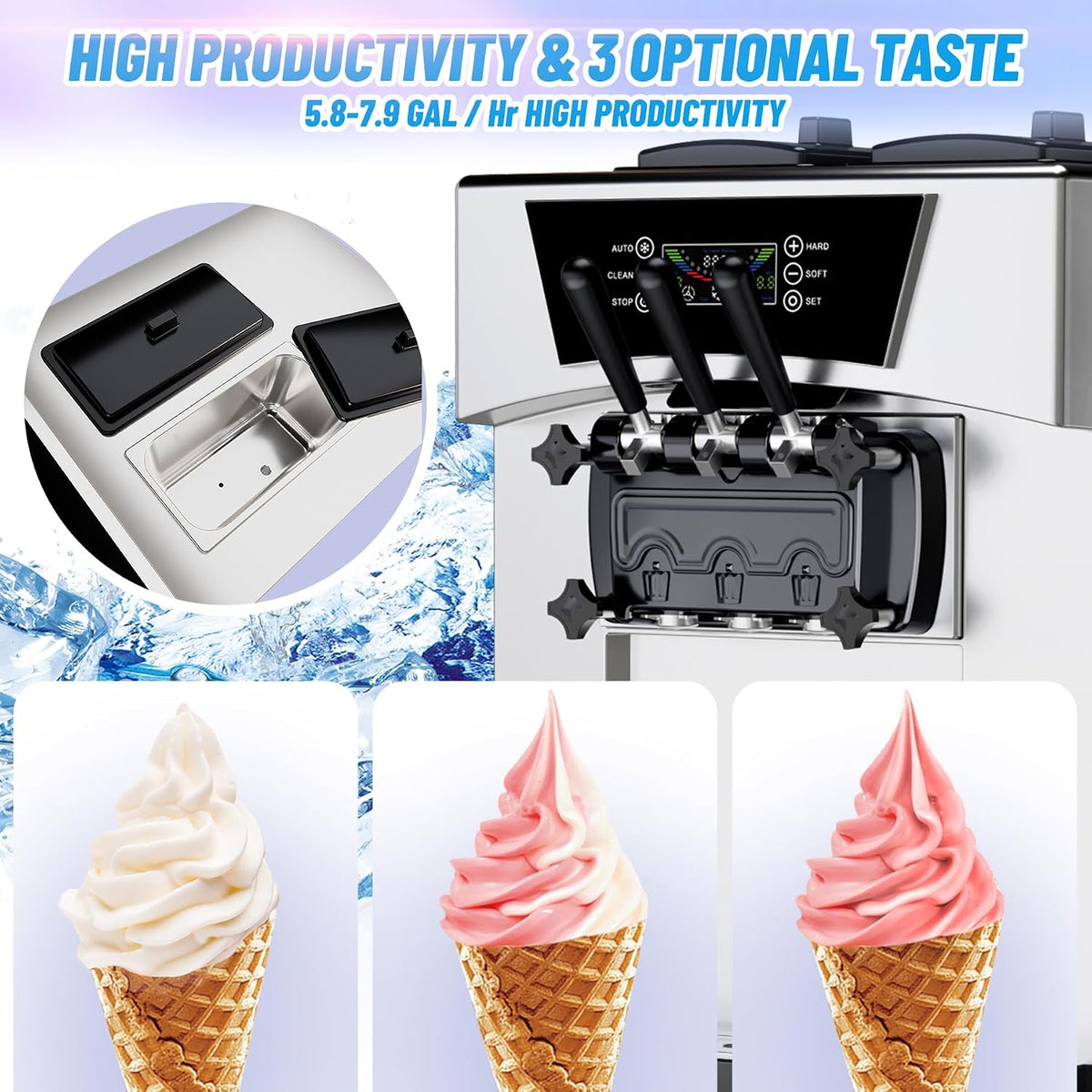 Ice Cream Machine, 2200W Commercial Ice Cream Maker with Auto Clean Function, Freestanding Frozen Yogurt Machine for