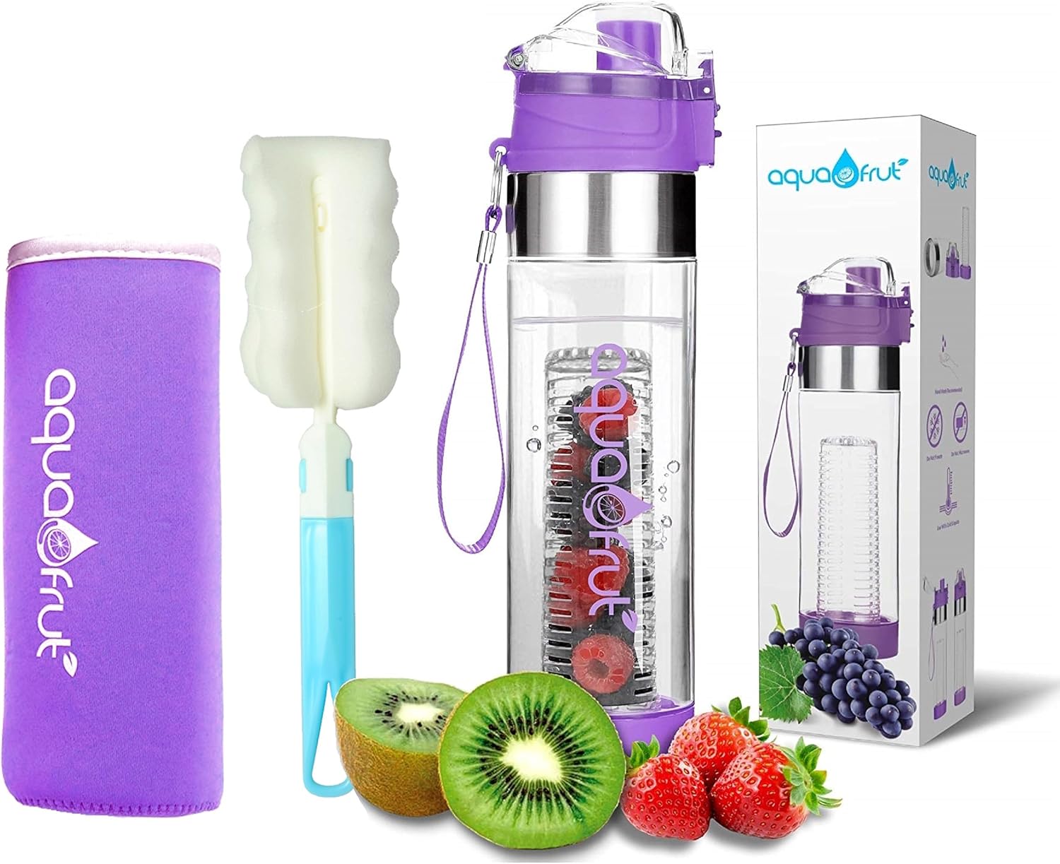 AquaFrut 24 OZ Bottom Loading Fruit Infuser Water Bottle, BPA-Free Tritan | Complete Bundle with Insulating Sleeve