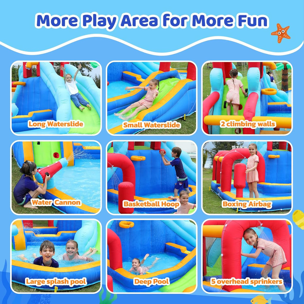 Inflatable Water Slide Bounce House, 10 in 1 Inflatable Water Park with Blower, 2 Slides & 2 Climbing Walls & 2 Water