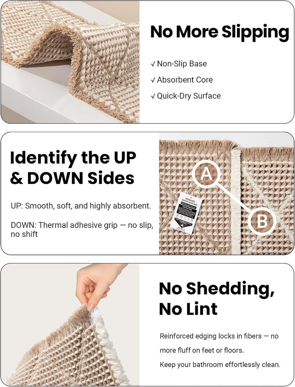 Waffle Bath Mat Set, Non Slip Bathroom Rugs 2 Piece, Brown & White | Ultra Absorbent Long Bath Rug Runner for