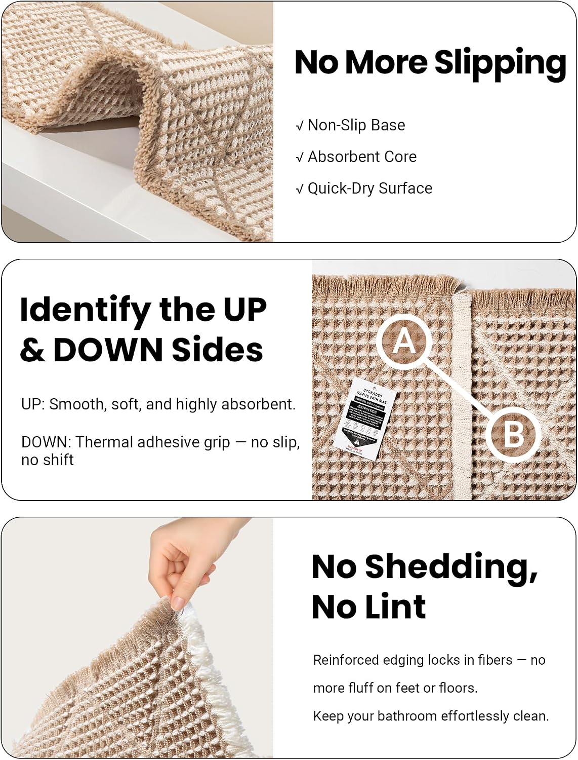 Waffle Bath Mat Set, Non Slip Bathroom Rugs 2 Piece, Brown & White | Ultra Absorbent Long Bath Rug Runner for