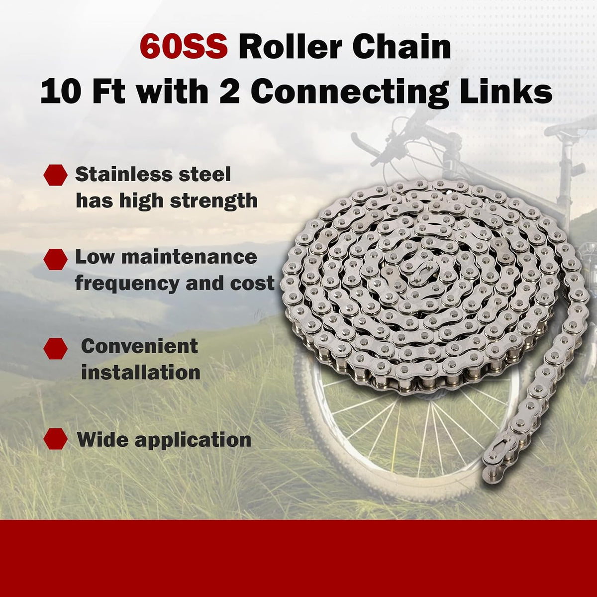 findmall #60SS Roller Chain Stainless Steel 10 Ft with 2 Connecting Links
