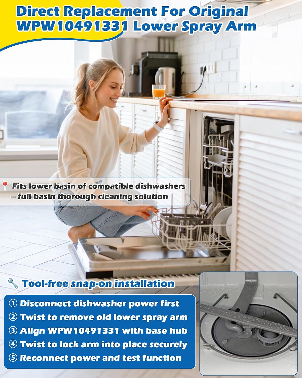 WPW10491331 Dishwasher Lower Spray Arm Fits Whirlpool Maytag Amana Admiral