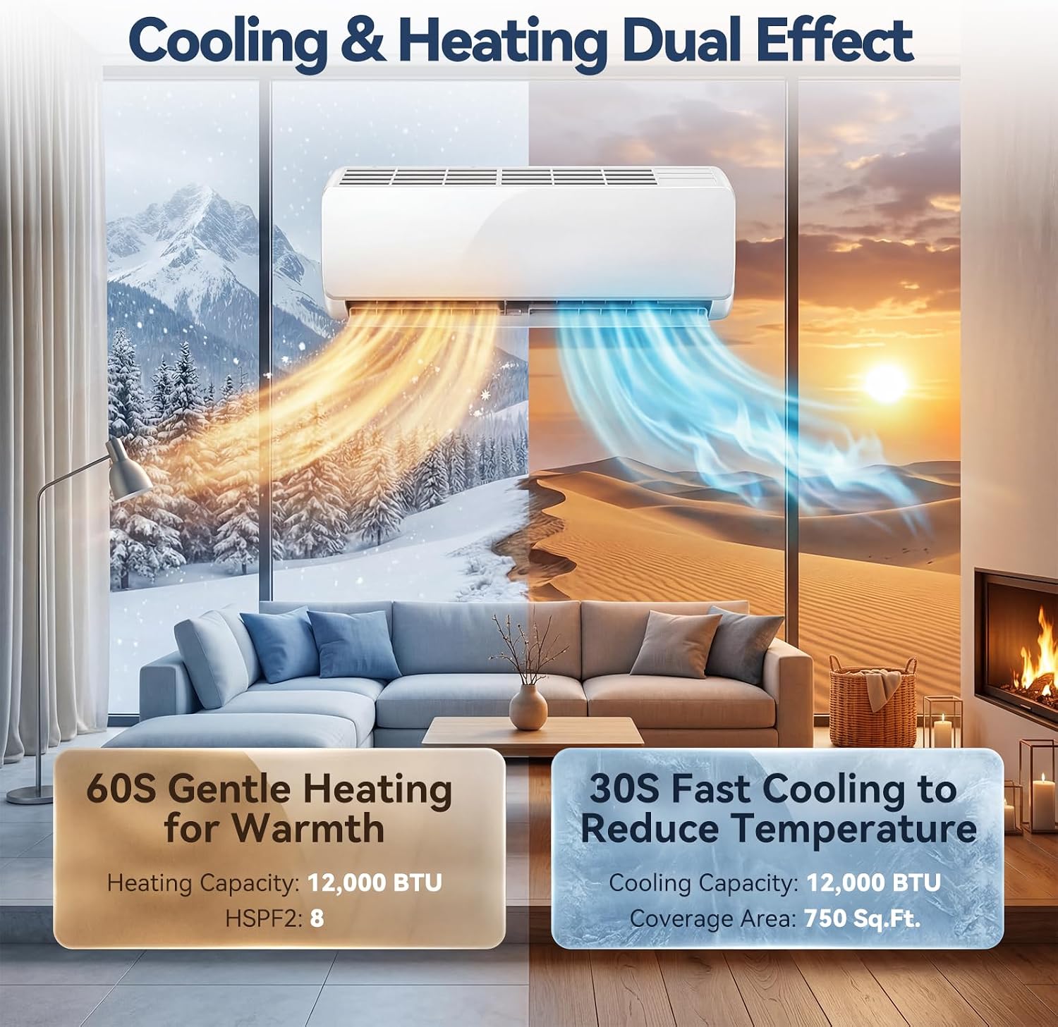 12,000 BTU Mini Split AC/Heating System, 115V Inverter Ductless Air Conditioner with Heat Pump, Cools up to 750 Sq.