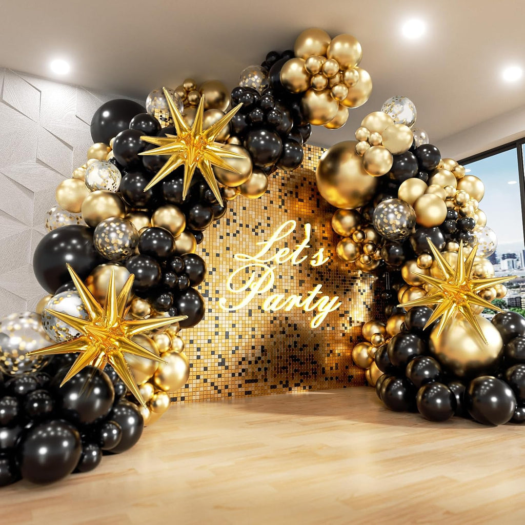 Black and Gold Balloons Garland Arch Kit, 5 10 12 18inch Black Gold Confetti Latex Balloons for 2025 Graduation New