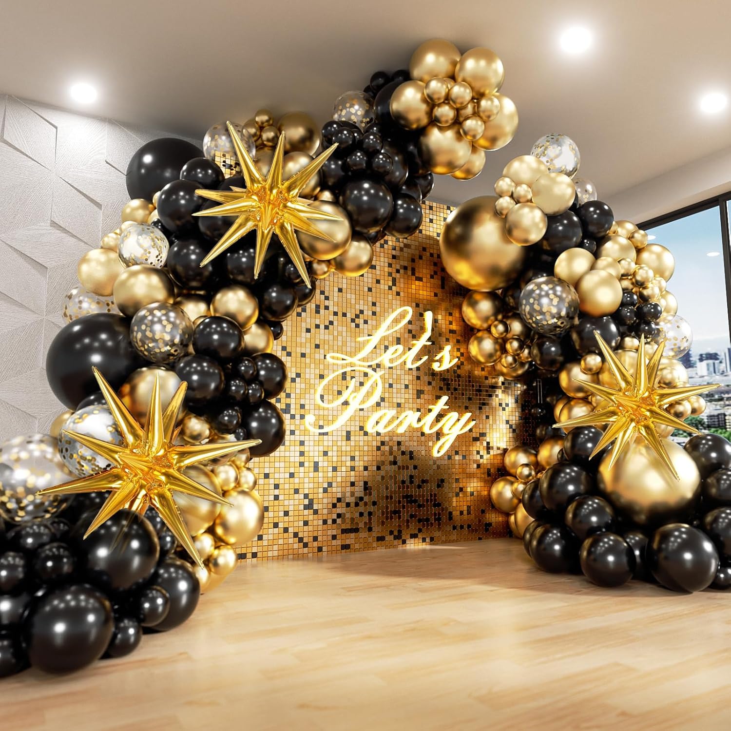 Black and Gold Balloons Garland Arch Kit, 5 10 12 18inch Black Gold Confetti Latex Balloons for 2025 Graduation New