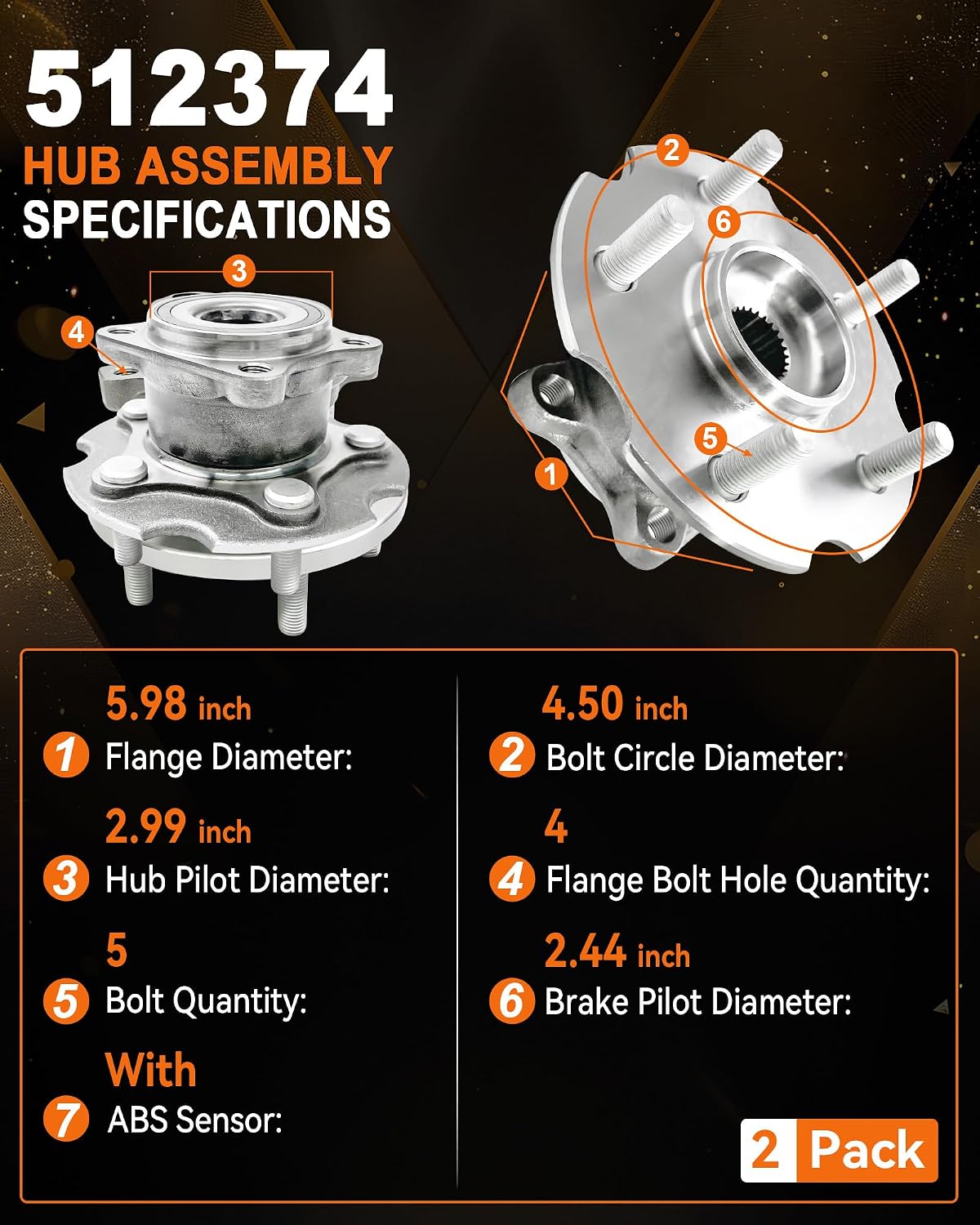 2Pcs 512374 Rear Wheel Bearing Hub Assembly Fit for Toyota RAV4 2006-2018, for Lexus NX300h 2015-2021, NX300 2018-2021, NX200t 2015-2017, 5 Lugs w/ABS