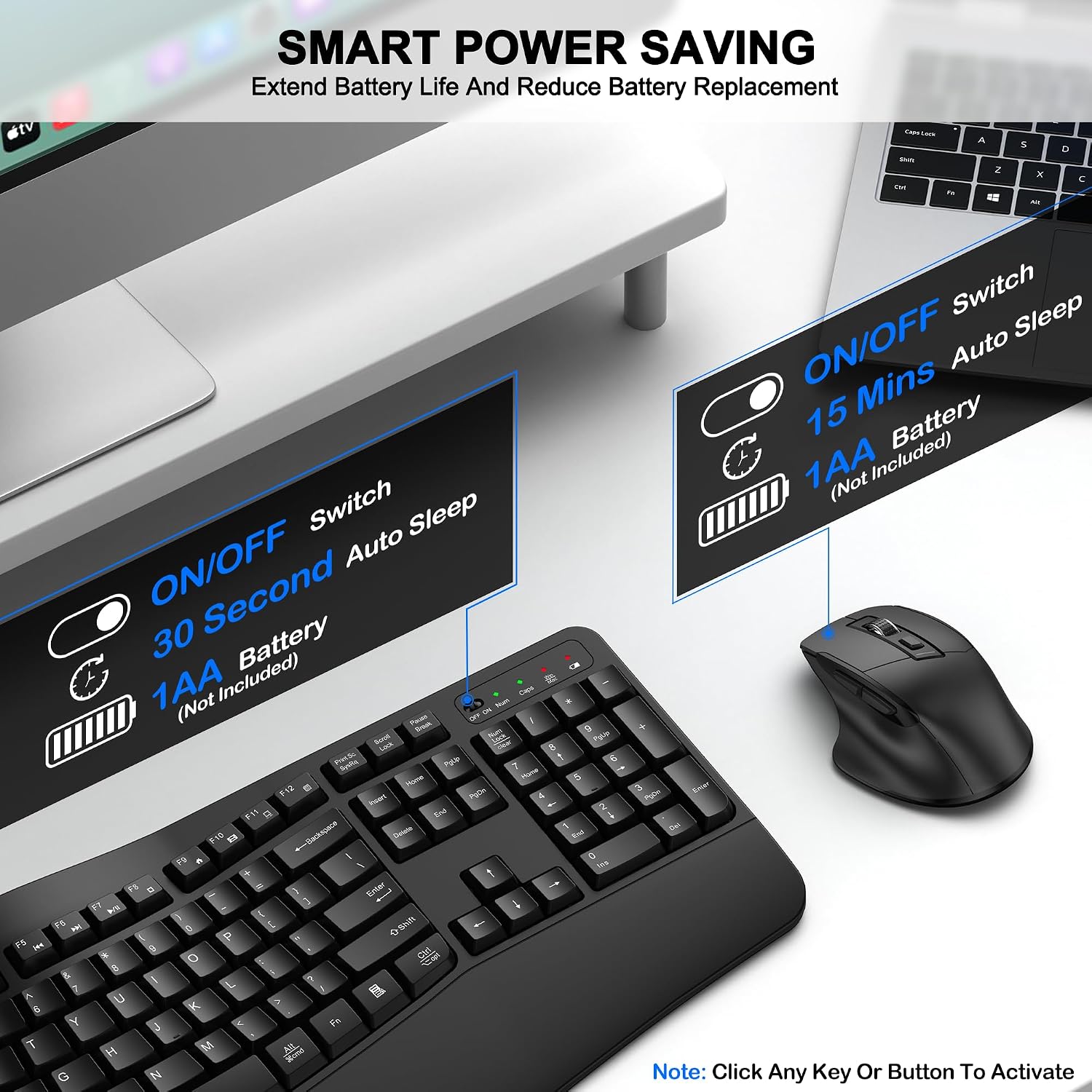Wireless Keyboard and Mouse Combo, 2.4G Ergonomic Wave Keys(Black) | Full Size Wave Keyboard with Wrist Rest, 3-Level