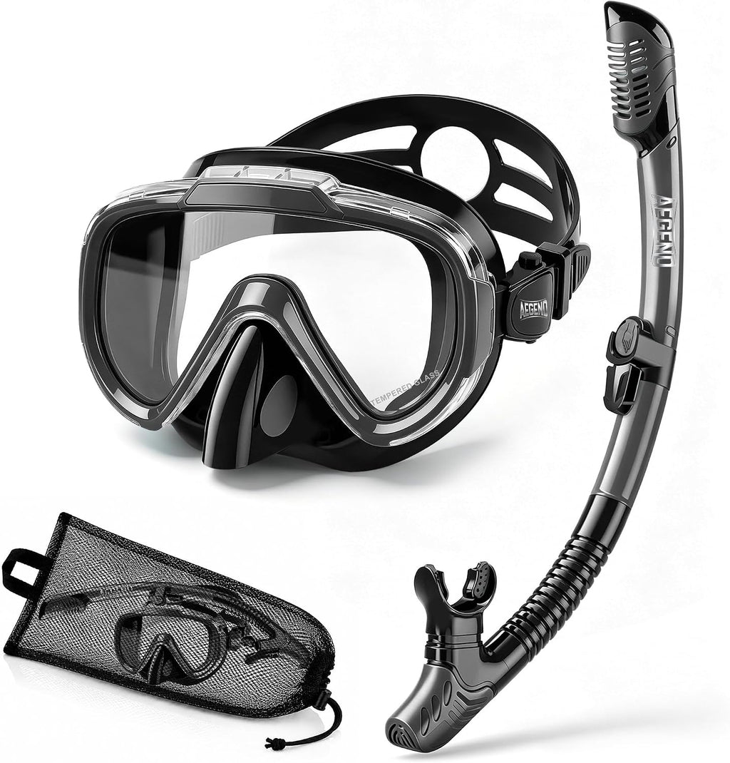 Snorkeling Gear for Adults Youth, Dry Snorkel Set with Ergonomic Raised Nose Cover for Anti-Fog with Mesh Bag, HD