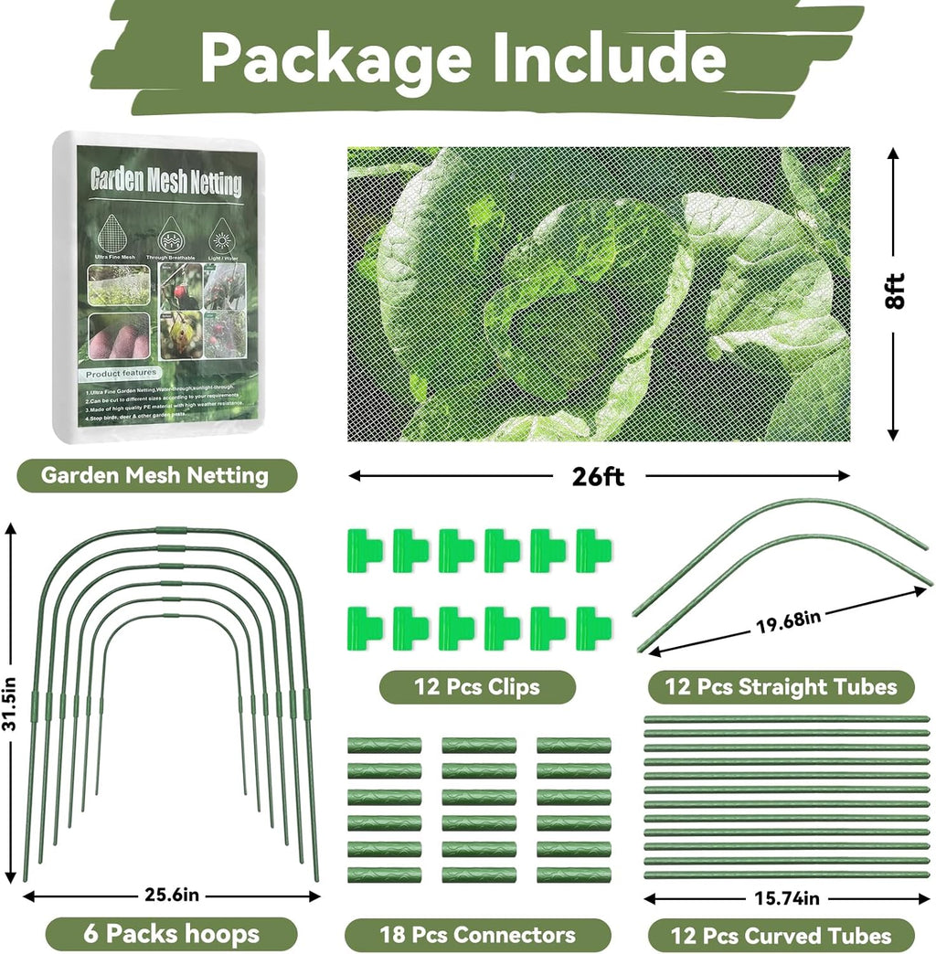 Garden Mesh Netting Kit for Raised Beds, 8 * 26FT Ultra Fine Plant Netting Covers with 6 Pcs Wide Garden Hoops & 12