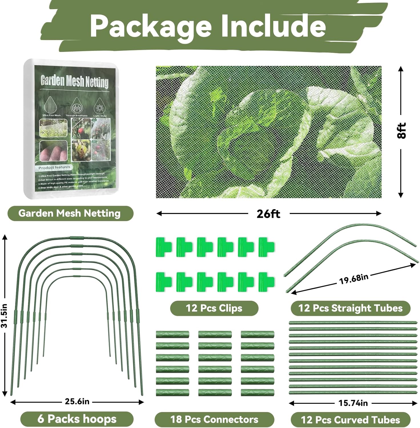 Garden Mesh Netting Kit for Raised Beds, 8 * 26FT Ultra Fine Plant Netting Covers with 6 Pcs Wide Garden Hoops & 12