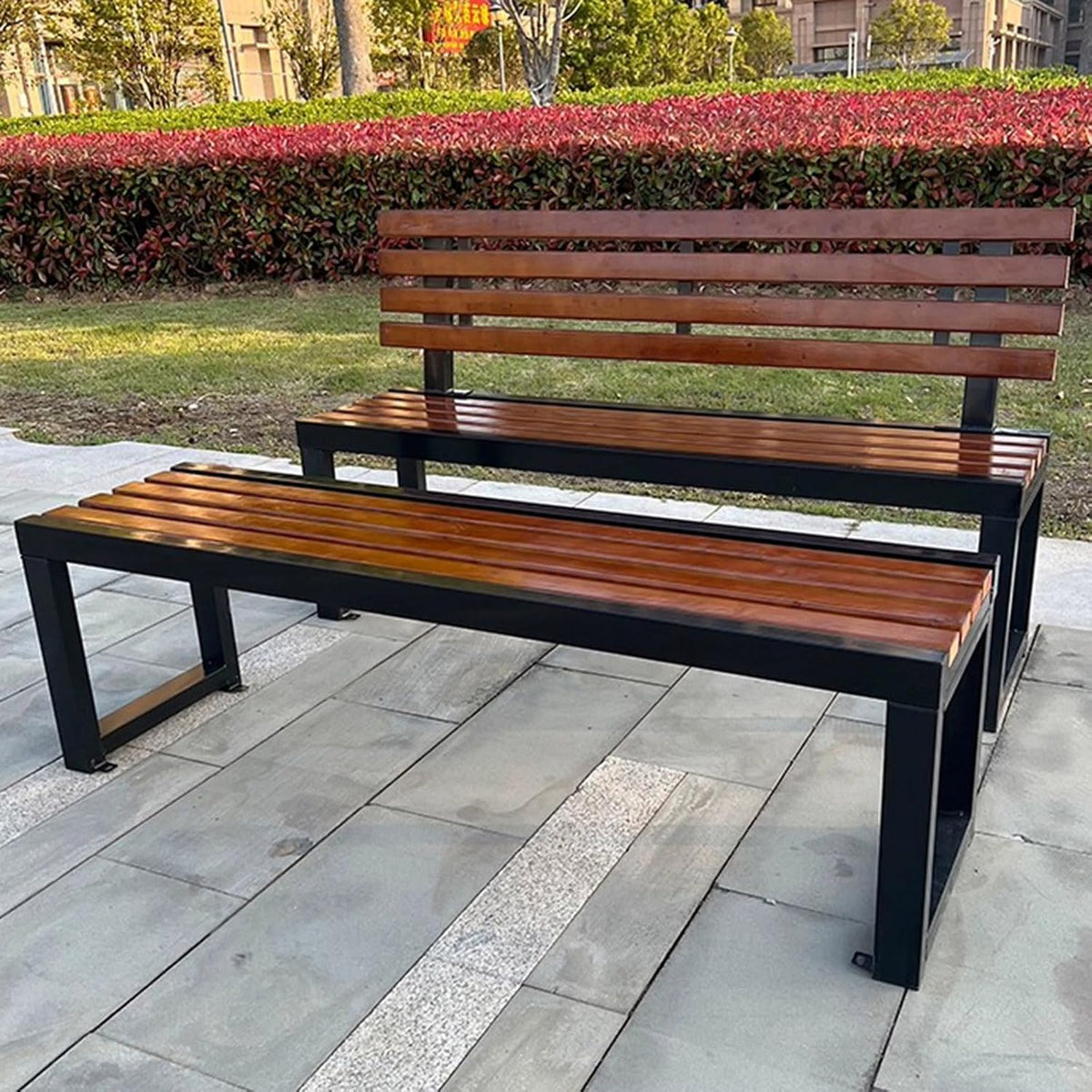 Outdoor Garden Bench Metal Park Bench, 2-3 Person Seat Loveseat Chairs Patio Bench Chair with Backrest,Solid wood