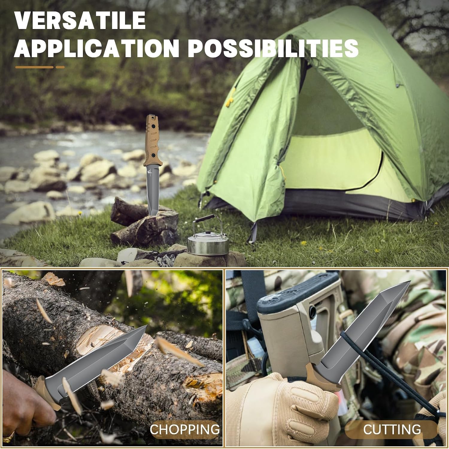 Full Tang Fixed Blade Tactical Knife with Sheath | Survival Knife with Ergonomic Khaki Handle, Built for Bushcraft
