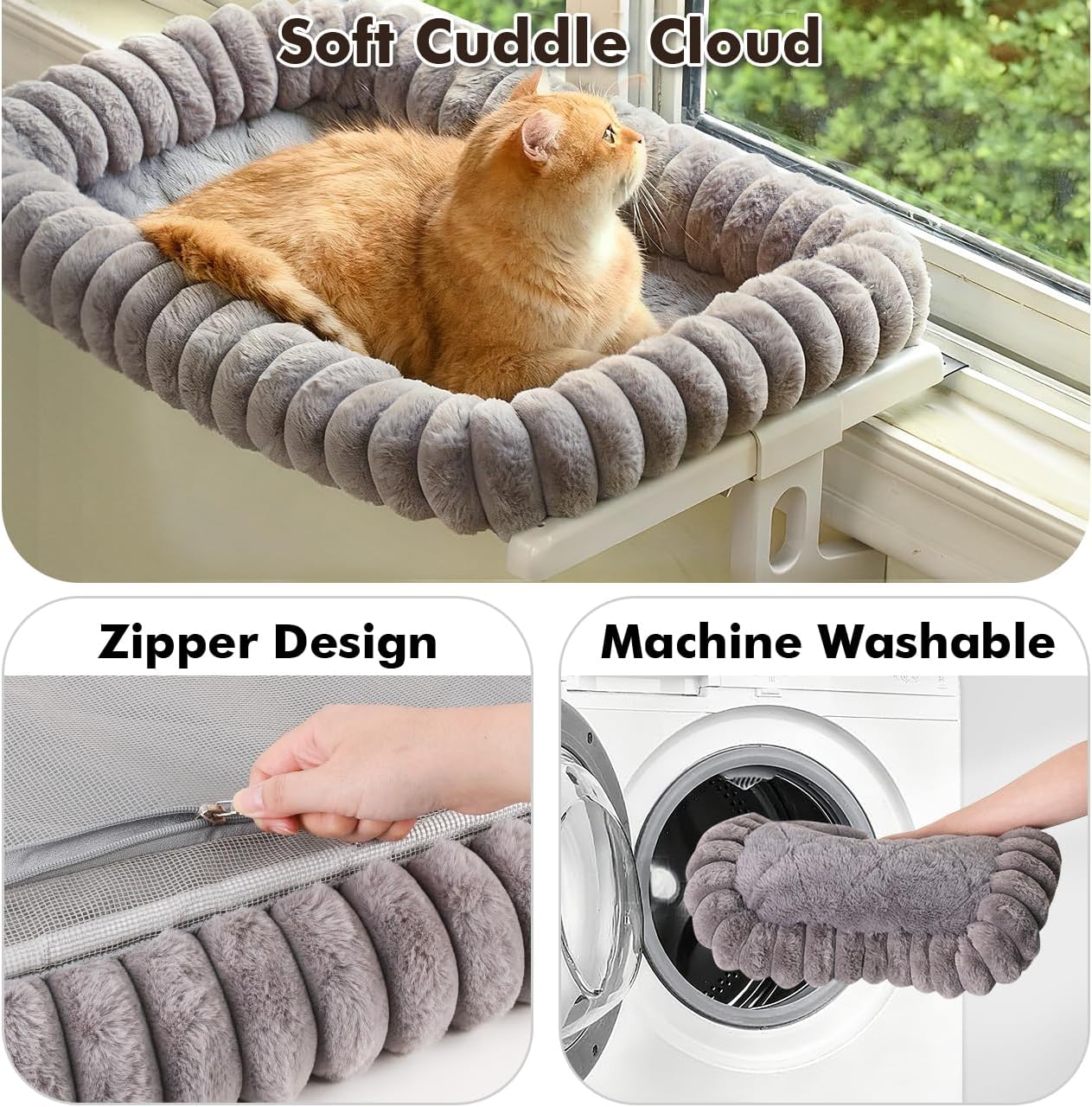 Cloud-Cuddle Cat Window Perch with 4-Sided Bolster, Zipper Design Cushion Window Seat for Window Sill, Sturdy Metal
