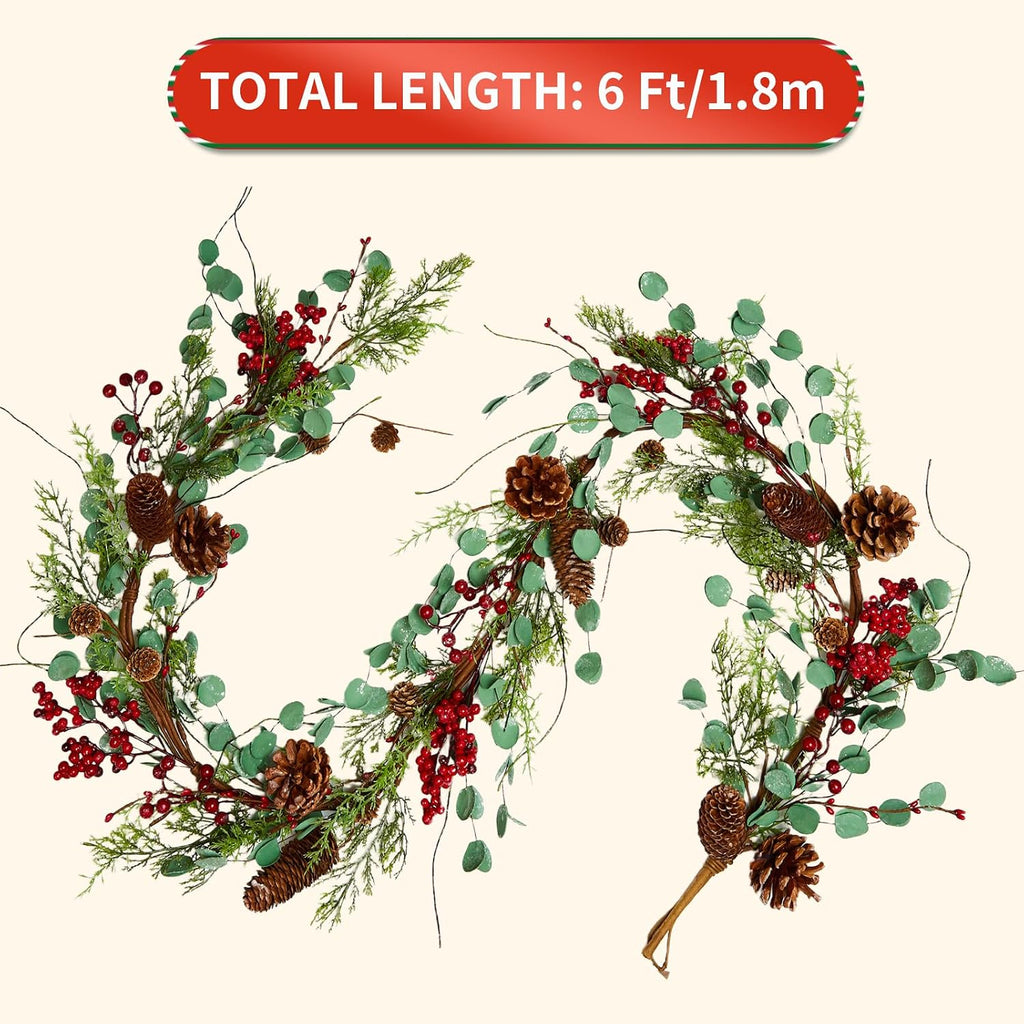 6 Feet Red Berry with Pine Cones Garlands Christmas Garland Realistic Real Touch Garland Artificial Green Leaves