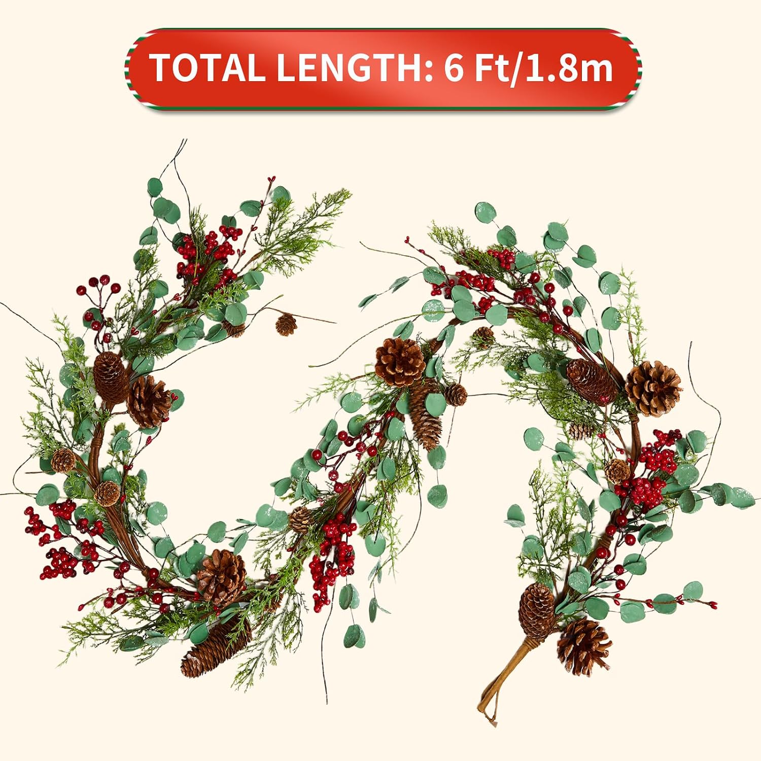 6 Feet Red Berry with Pine Cones Garlands Christmas Garland Realistic Real Touch Garland Artificial Green Leaves