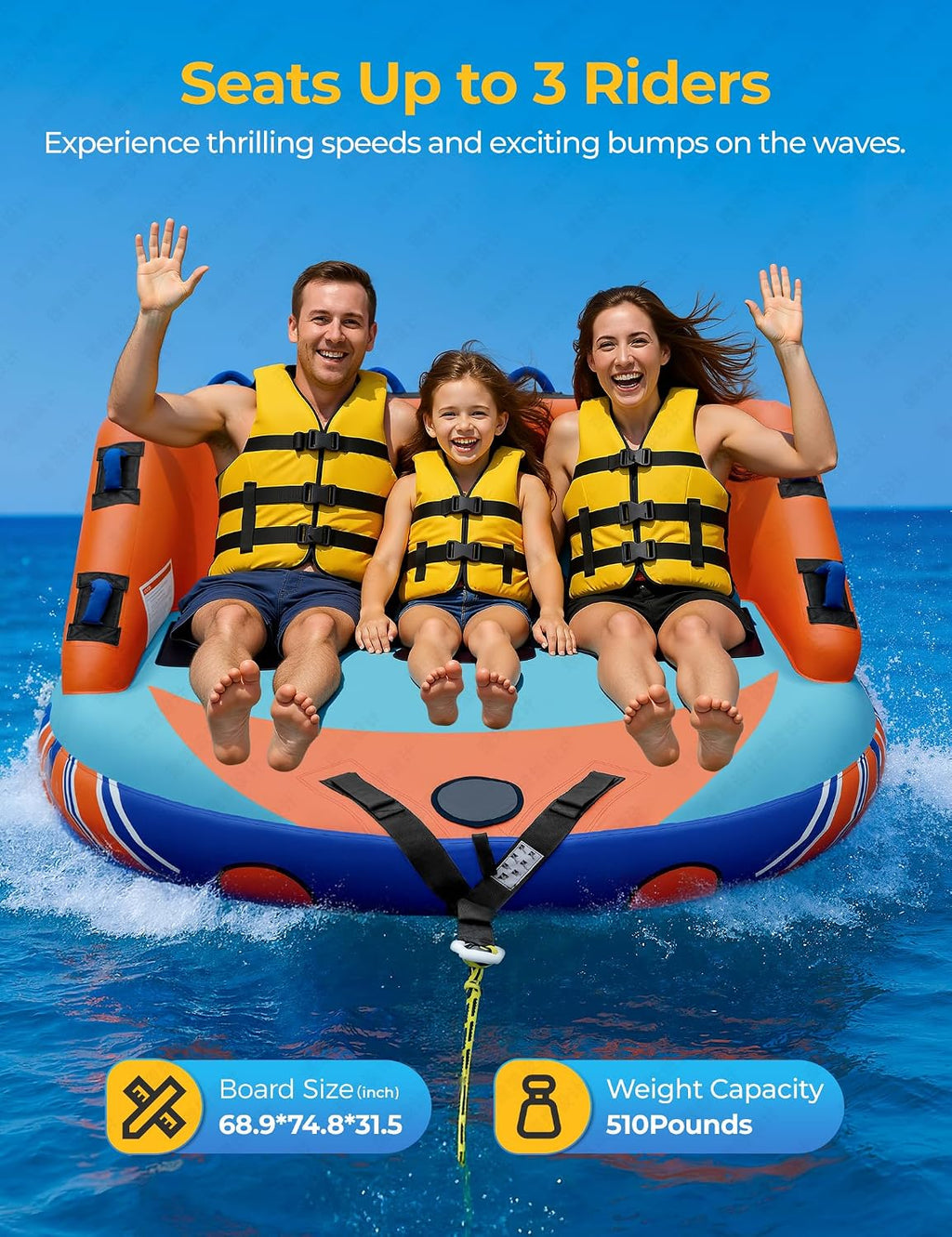 Towable Tube for Boating 1-3 Person, Inflatable Pull Boat Tube | Inflatable Water Tubes for Boats,Front & Back Tow