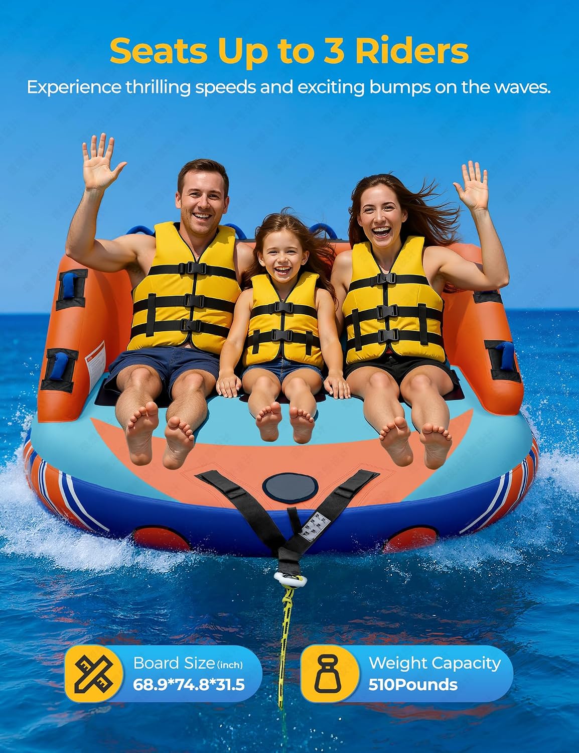 Towable Tube for Boating 1-3 Person, Inflatable Pull Boat Tube | Inflatable Water Tubes for Boats,Front & Back Tow