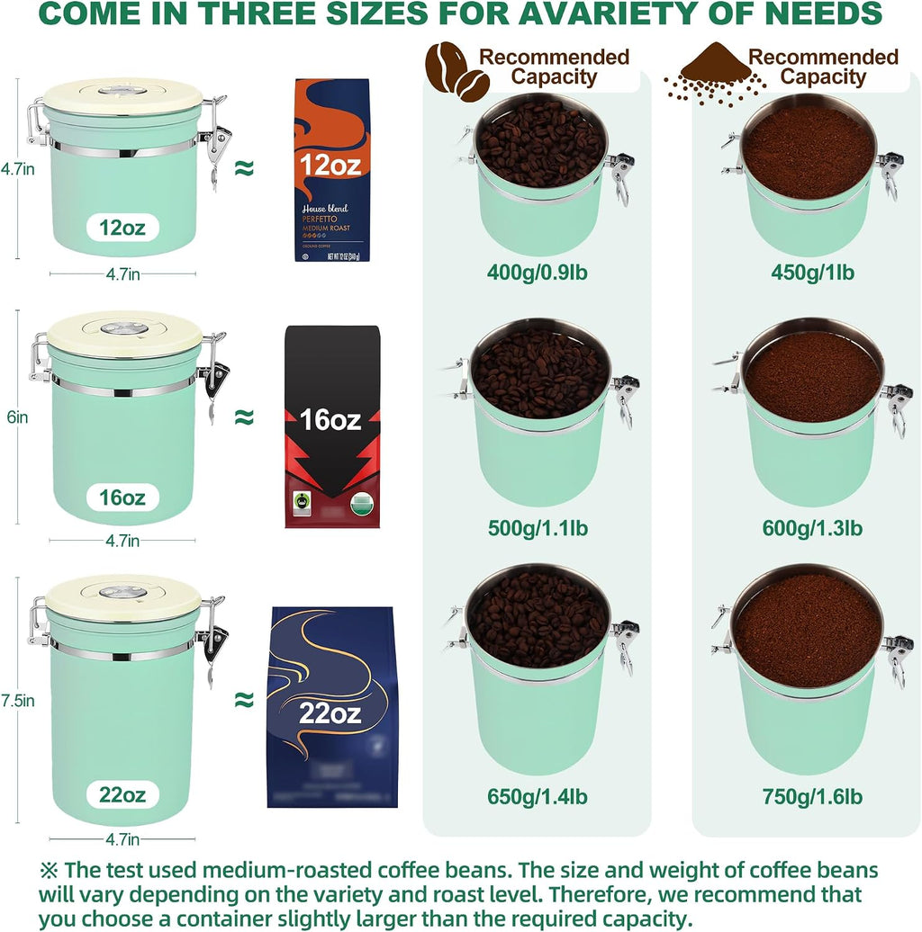 Coffee Canister Airtight, Stainless Steel Bean Storage Container with Date Tracker & Scoop, Grounds Sugar Flour Tea