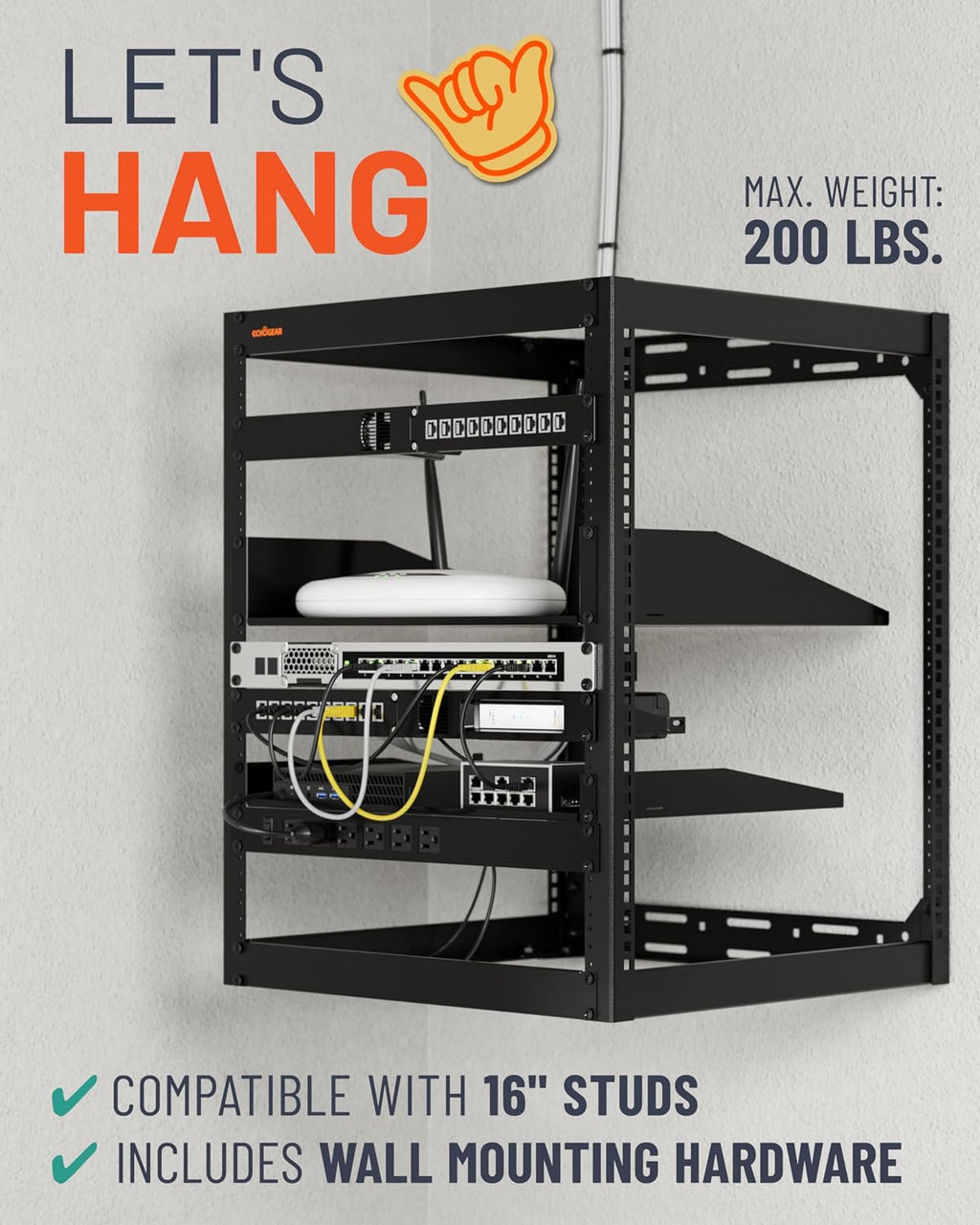 ECHOGEAR 15U Open Frame Rack w/Optimal Air Flow, DIY Assembly, 20.4” Depth